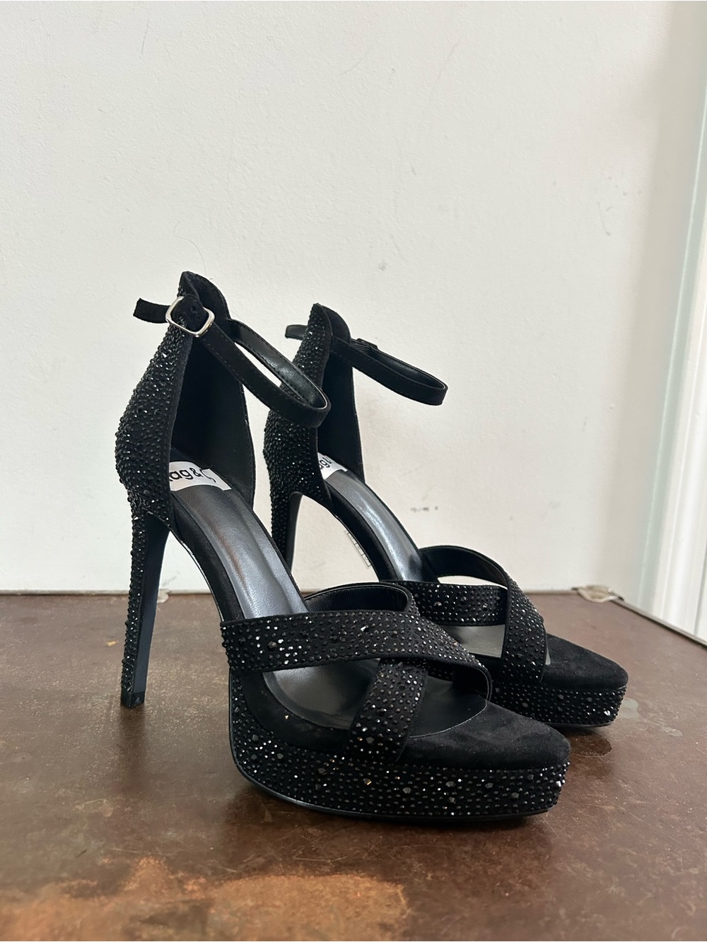 Black Crystal-Embellished Platform Stiletto Sandals with Ankle Strap, brand new